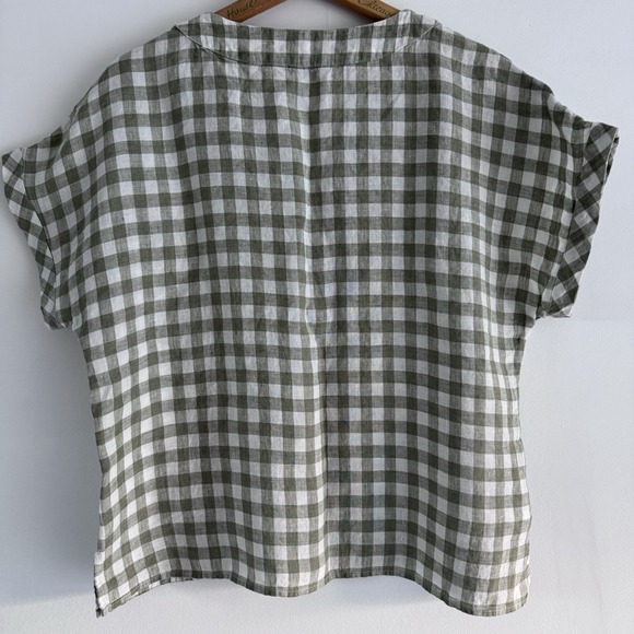L.L.Bean Signature Linen Split-Neck Shirt Size Medium Green Gingham - Picture 4 of 7